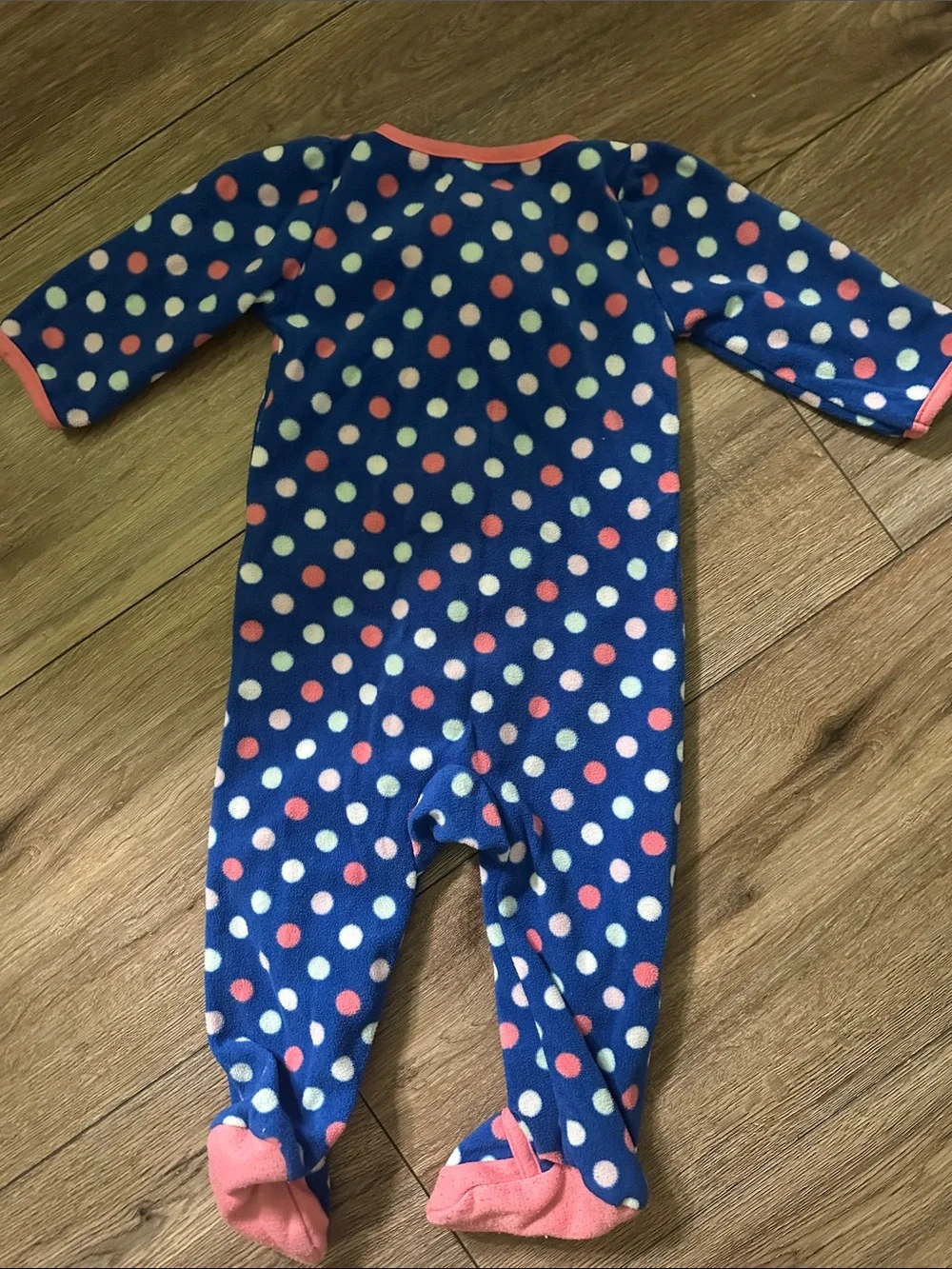 Baby Fleece One-Piece Sleeper in Navy Polka Dot with Coral Elephant